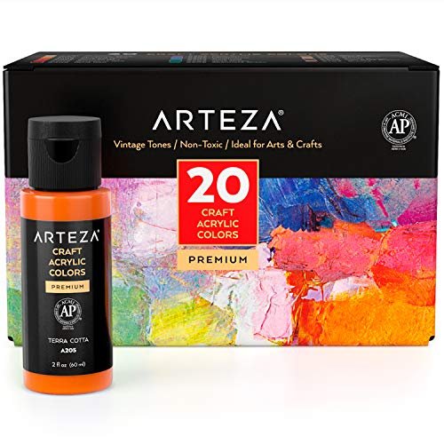 ARTEZA Craft Acrylic Paint Set, Set of 20 Vintage Tones Acrylic Craft Paint, Artist Paints Art Supplies for Glass, Wood, Ceramics, Fabrics, Leather