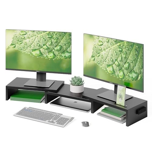 BONTEC Standverhoger voor twee monitoren, desktopmonitorstandaard met smartphonehouder, verstelbare lengte en draaihoek, houten bureauorganizer, monitorstandaard voor pc-monitor, laptopprinter