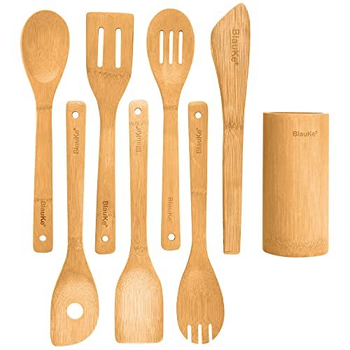Ustensiles De Cuisine En Bois De Bambou – Set de 8 Accessoires de Cuisine (Raclette, Palettes, Cuillère, Spatule en Bois, Pince, Porte) – Ensemble de Spatules De Cuisine En Bambou Écologiques Naturels