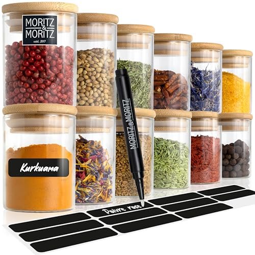 Moritz & Moritz Lot de 12 pots à épices en verre de 125 ml avec autocollant de table et crayon à craie – pots à épices hermétiques avec couvercle en bambou pour épices, herbes et thé