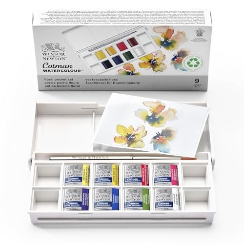 Winsor & Newton Cotman Watercolor Paint Set, 8 Half Pan, Floral Colors w/ Brush