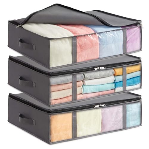 Lifewit Pack de 3, Bacs de Rangement sous le Lit, Sacs de Rangement Pliables pour Vêtements avec Fenêtre Transparente, Organisateurs de Placards pour Serviettes, Vêtements, Couvertures, Gris