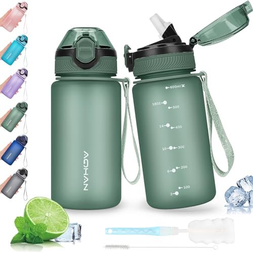 AOHAN 600 ml waterfles met lekvrije klapdeksel, BPA-vrije sportdrinkfles met rietje, vaatwasmachinebestendig, niet-giftige waterfles met draagriem