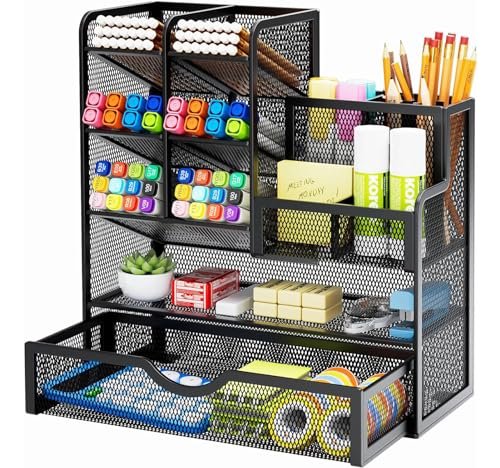Marbrasse Mesh Bureau Organizer,Stationaire Organizer, Multifunctionele Penhouder,Desktopopslag en Lade voor Thuiskantoor (Zwart)