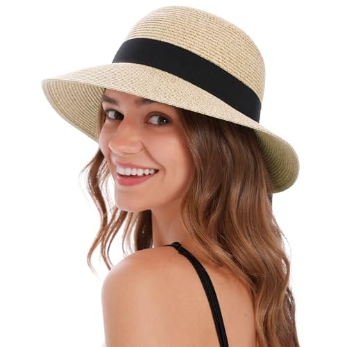BABAHU Chapeau de soleil pour femme - Protection UV - Grand bord large - Pliable - Chapeau de paille, Beige (01)., taille unique