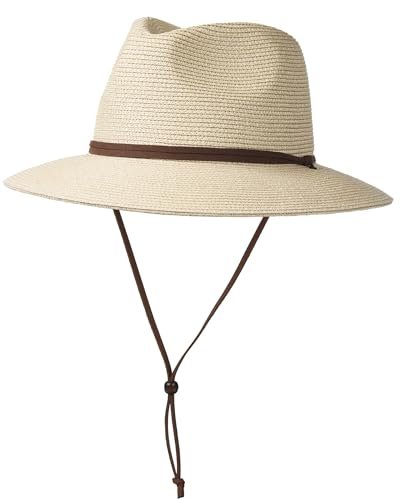 FURTALK Uniseks panamahoed, brede rand, zomerhoed, uv-bescherming, zonnehoed met kinriem, strandhoed voor heren en dames, verstelbare strohoed, beige, M/L