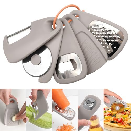 5-in-1 keukengadgets, dunschiller, flesopener, knoflookmolen, kaasrasp, stapelbaar keukengereedschap voor kleine keuken, camper accessoires, vaatwasmachinebestendig
