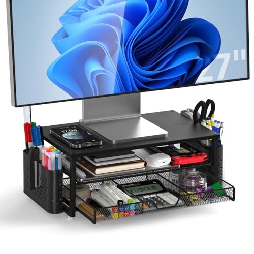 Support d'écran à 2 niveaux, support d'imprimante, support d'écran avec plate-forme en grille, tiroir et porte-stylo, convient pour ordinateur portable, ordinateur, PC, imprimante, projecteur jusqu'à