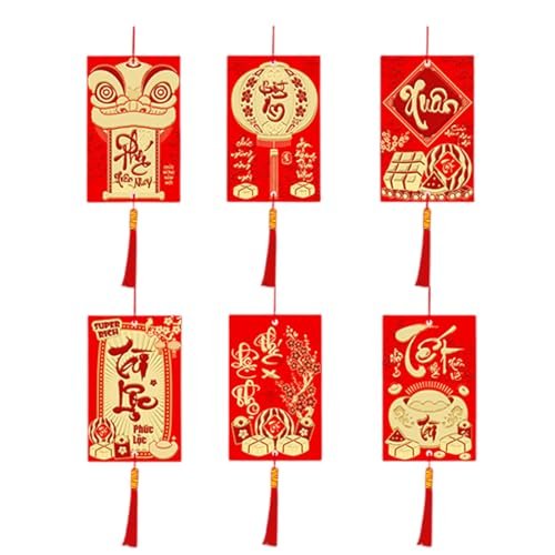 Chinese New Year Decorations 2026-6-Piece 2026 Vietnamese Good Luck | Lunar Horse Year Paper Charm Decorations - for Holiday Home Doorway Tree Wall Door Potted Plants Party Office